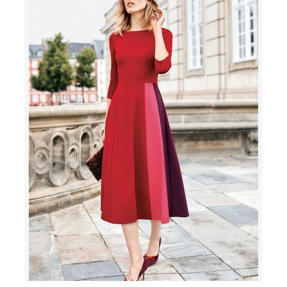 Boden Colorblock Midi Dress Red Pink Burgundy 3/4 Sleeve Fit & Flare US 6R